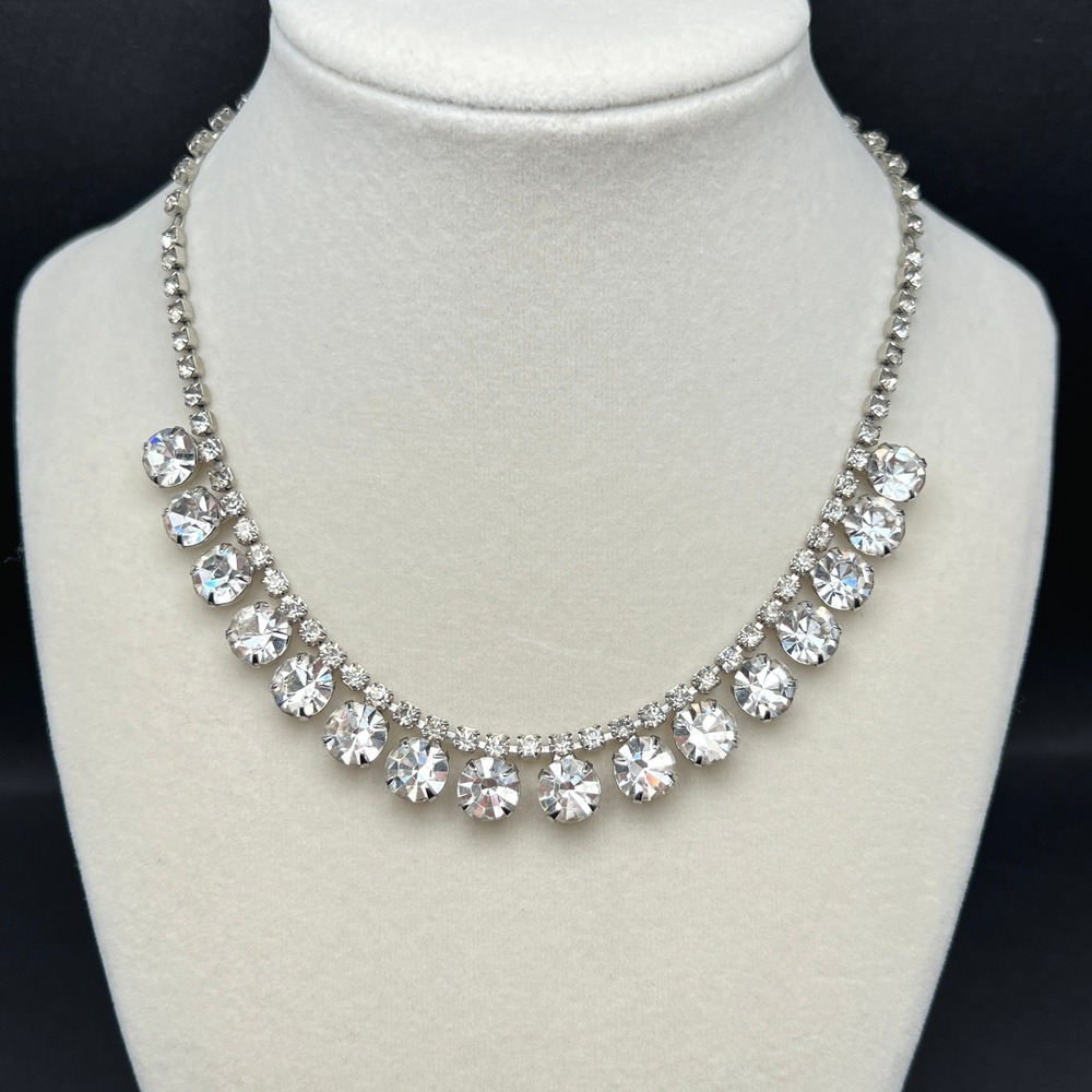 Vintage Rhinestone Necklace Choker Silver Tone Clear 16" READ